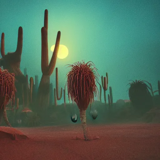 Image similar to A mystical desert with blood houngry creatures and colorfull plants,cinematic lighthing,nightmare,horror,octane render,