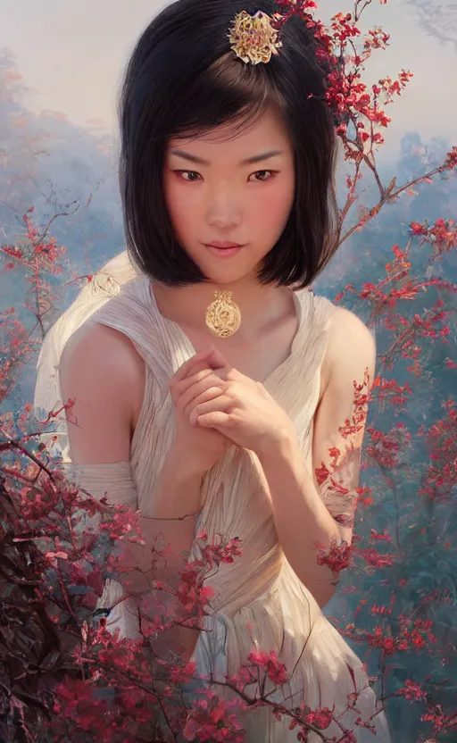 Image similar to a beautiful young charming asian goddess with sundress + jewelry + shinny eyes | | winter, symmetric, realistic shaded, unpleasant face, good looking, fine details, dior, lv, realistic shaded lighting poster by greg rutkowski, macoto takahashi, magali villeneuve, artgerm, jeremy lipkin and michael garmash