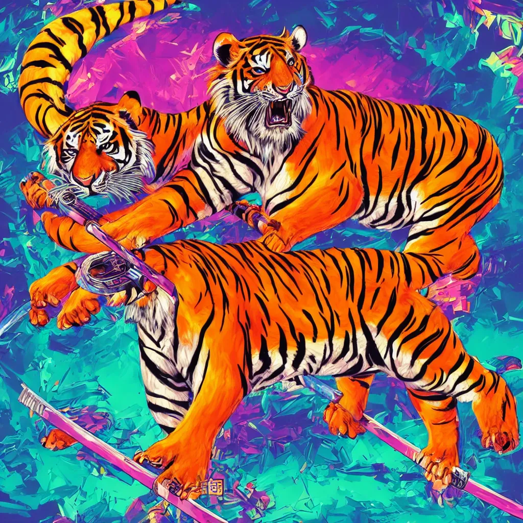 Prompt: one single tiger holding the handle of a katana, digital art, high detail, vibrant colors, neon lightning, chibi, vaporwave