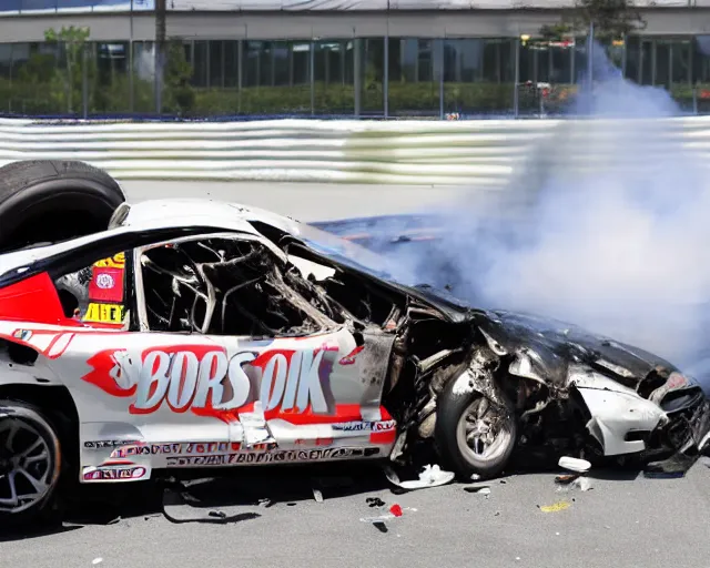 Image similar to Bobby 'Hot Take' Lee gets out of the car after a crash in turn 11. The driver is fine but the car is broken.