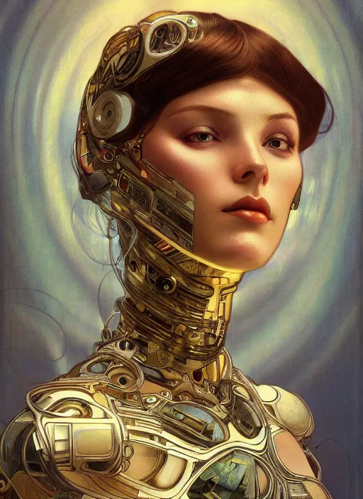 Prompt: portrait of a beautiful female android, coy, circuitry visible in head, in the style of ex machina, karol bak, alphonse mucha, artstation,