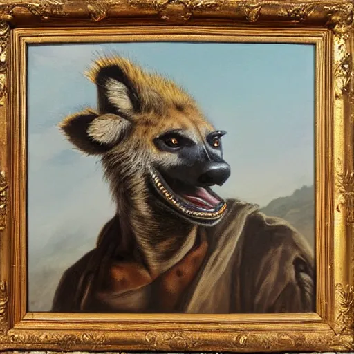 Image similar to A very detailed oil painting of an anthropomorphic hyena dressed like a Hoplite, Ancient Greece, backlit, very beautiful painting