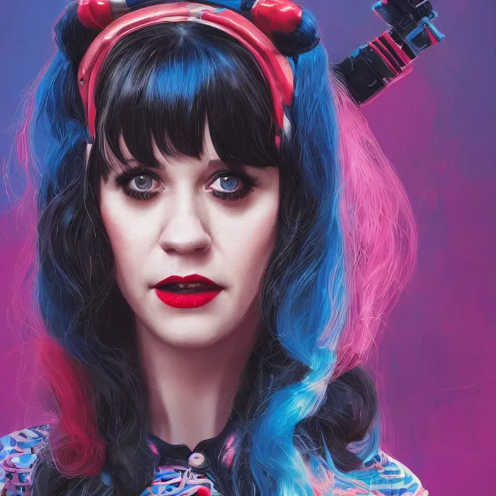 Image similar to portrait of Zooey Deschanel as a harley quinn. intricate abstract. intricate artwork. by Tooth Wu, wlop, beeple, dan mumford. octane render, trending on artstation, greg rutkowski very coherent symmetrical artwork. cinematic, hyper realism, high detail, octane render, 8k, iridescent accents