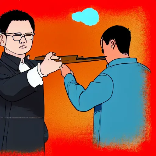 Image similar to A very arrogant Asian man let a man point a shotgun at himself.digital art.