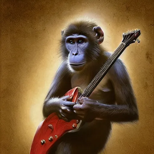 Image similar to Realistic Monkey playing Rudolph Schenker's guitar, by Antonio Caparo and Ferdinand Knab and Greg Rutkowski UHD photorealistic trending on artstation