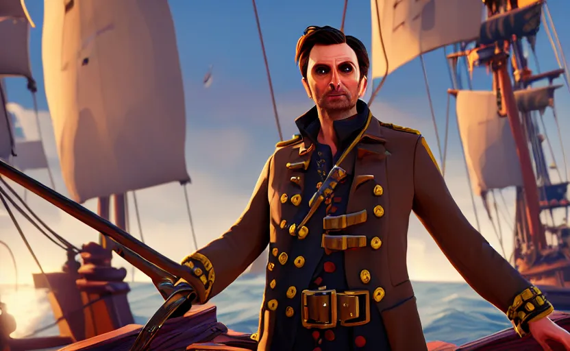 Prompt: david Tennant as a pirate on the ship in the Sea of thieves, long shot, epic composition, ultra detailed,, trending on Artstation, 8k, game screenshot, wallpaper, hyperrealistic