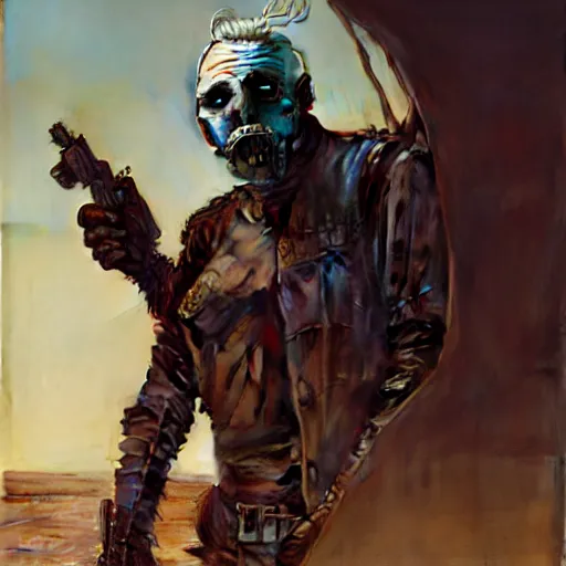 Image similar to Portrait of Immortan Joe by Greg Rutkowski. He is making an announcement from his war rig in the desert by Mark Arian. It is bright and desolate and rusty by H.R. Giger. soft render, octane, highly detailed painting by Moebius. artstation Blank Canvas Scene by Tetsuya Nomura.