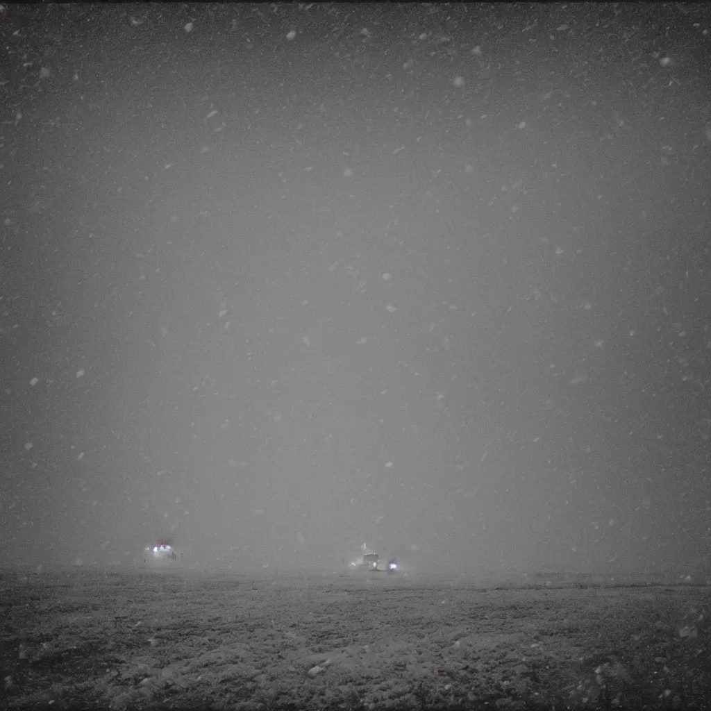 Image similar to photo of shiprock, new mexico during a snowstorm. a mark iv tank is in the distance, looking back over his shoulder. cold color temperature, snow storm. hazy atmosphere. humidity haze. kodak ektachrome, greenish expired film, award winning, low contrast,