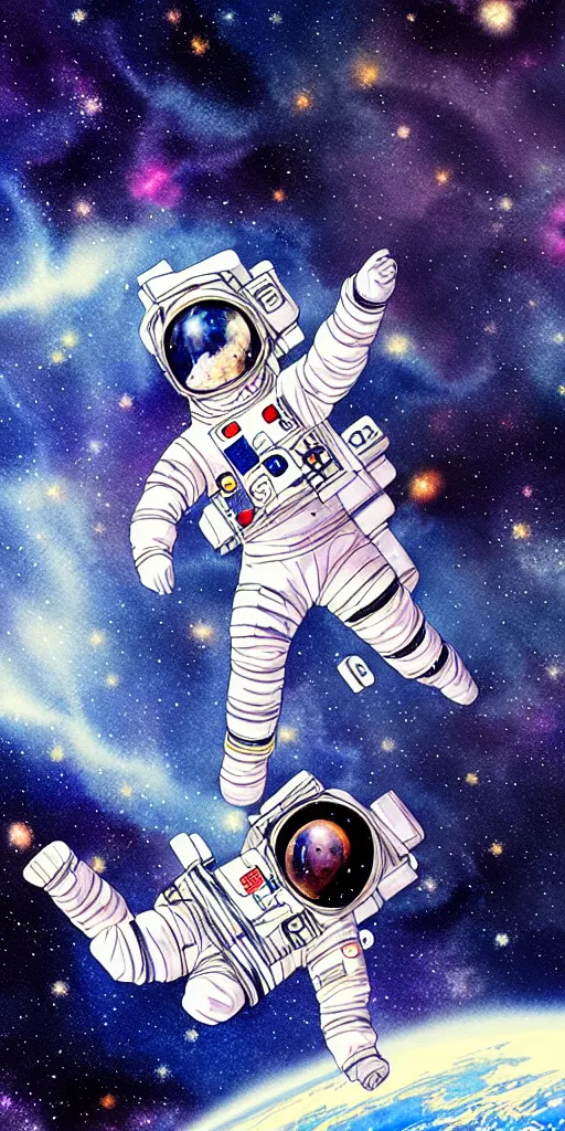 Image similar to oriental water color of a female astronaut, floating through the void of space, stars are spread out, anime movie, highly detailed