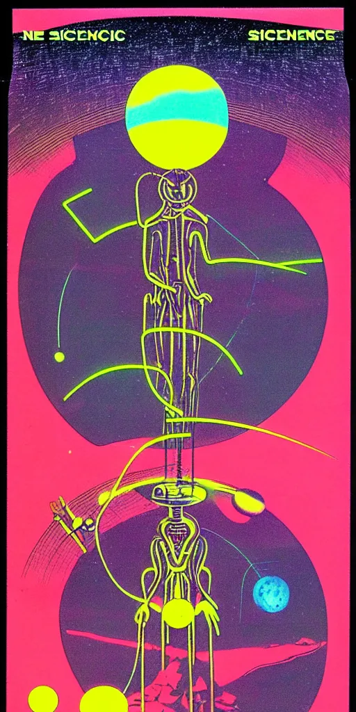 Image similar to 1968 science fiction tarot card, cut out collage, neon Roman, xerox punk, spring on Saturn, epic theater, deep sea, mountain plants, drawings in part by moebius, part by Ernst Haekl, text by William S Boroughs, composition by neo Rauch