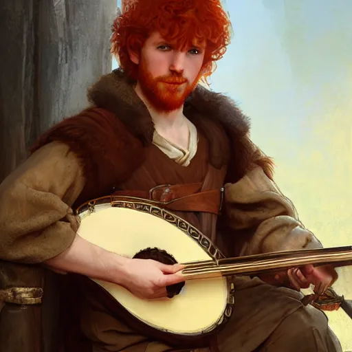 Image similar to portrait of a redhead young human male bard in a medieval tabern, playing the lute joyful, fantasy, highly detailed, digital painting, artstation, concept art, character art, art by greg rutkowski and tyler jacobson and alphonse mucha