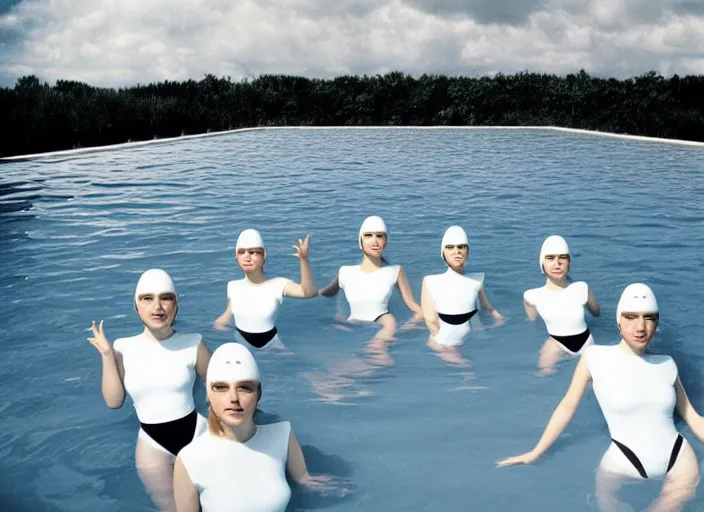 Image similar to realistic photo of a group of common girls in white tights, wearing white spherical helmets, in a big white plastic sci - fi egg - like pool with black water, in a center of the pool with black oil water, the sky is grey 2 0 0 0, life magazine photo,