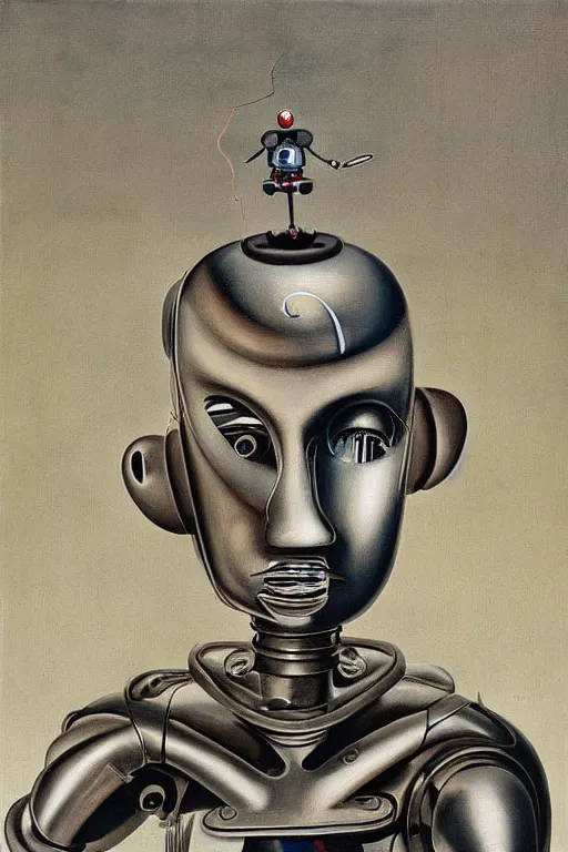 Prompt: robot monk painting a self - portrait on a canvas. intricate, highly detailed, photorealistic, film still, by yves tanguy.