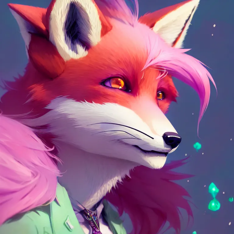 Image similar to a beautiful headshot portrait of a cute anime male fox with pink hair and piercings and green eyes. character design by cory loftis, fenghua zhong, ryohei hase, ismail inceoglu and ruan jia. artstation, volumetric light, detailed, photorealistic, fantasy, rendered in octane