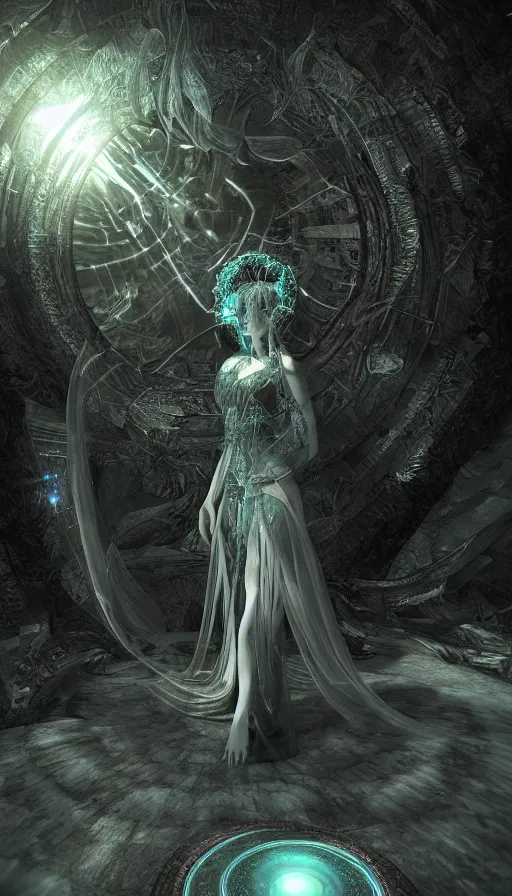 Prompt: goddess of illusion, beautiful, stunning, breathtaking, mirrors, glass, magic circle, magic doorway, fantasy, mist, bioluminescence, hyper - realistic, unreal engine, by h. p. lovecraft