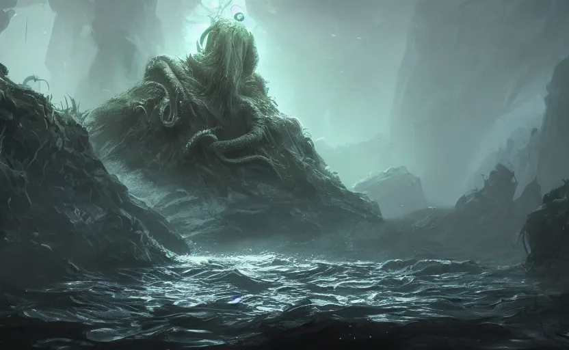 Image similar to cthulu, water landscape, dramatic lighting, cinematic, establishing shot, long full body shot, extremly high detail, photorealistic, cinematic lighting, post processed, concept art, artstation, matte painting, style by greg rutkowsky