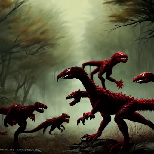 Prompt: group of mutated nightmare velociraptors, red glowing eyes, hunting in the forest. in style of greg rutkowski and hyung - tae kim, trending on artstation, dark fantasy, great composition, concept art, highly detailed, dynamic pose, vibrant colors, epic, 8 k