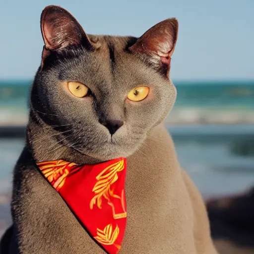 Image similar to a burmese cat with ginger fur, with a red bandanna around its neck and lots of mediterranean jewellery