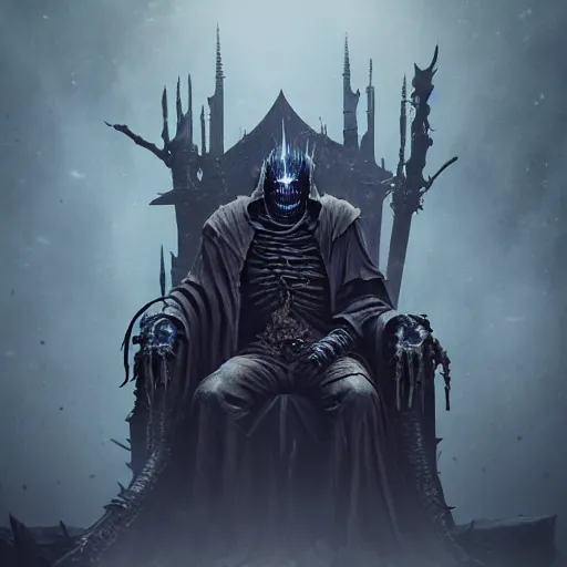 Image similar to A closeup of a undead lich sitting on a throne by Greg Rutkowski, Bloodborne, 4k photorealistic, volumetric lighting, HD, high details, dramatic, dark atmosphere, trending on artstation