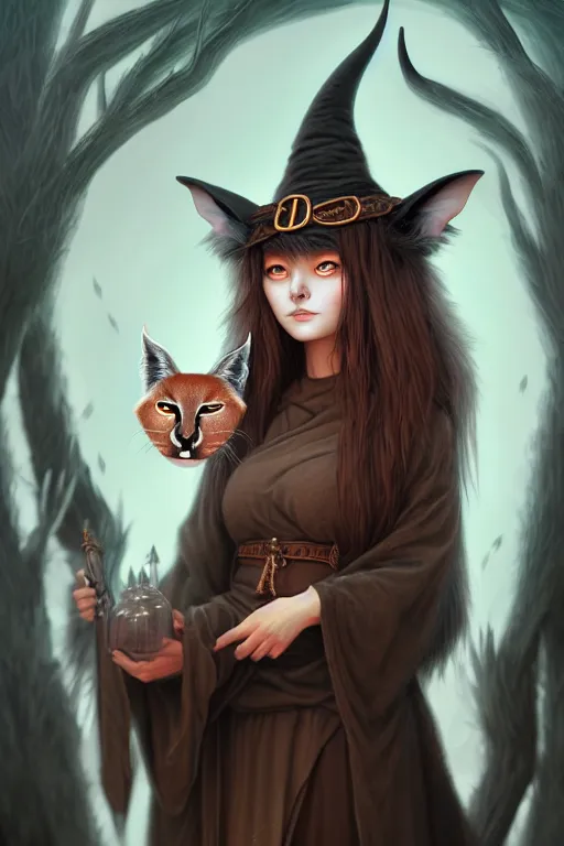 Prompt: beautiful ancient witch with cute caracal face uses fluffy fur magic, highly detailed, digital painting, artstation, sharp focus, illustration, art by tan zi and ayanamikodon and alphonse and wlop