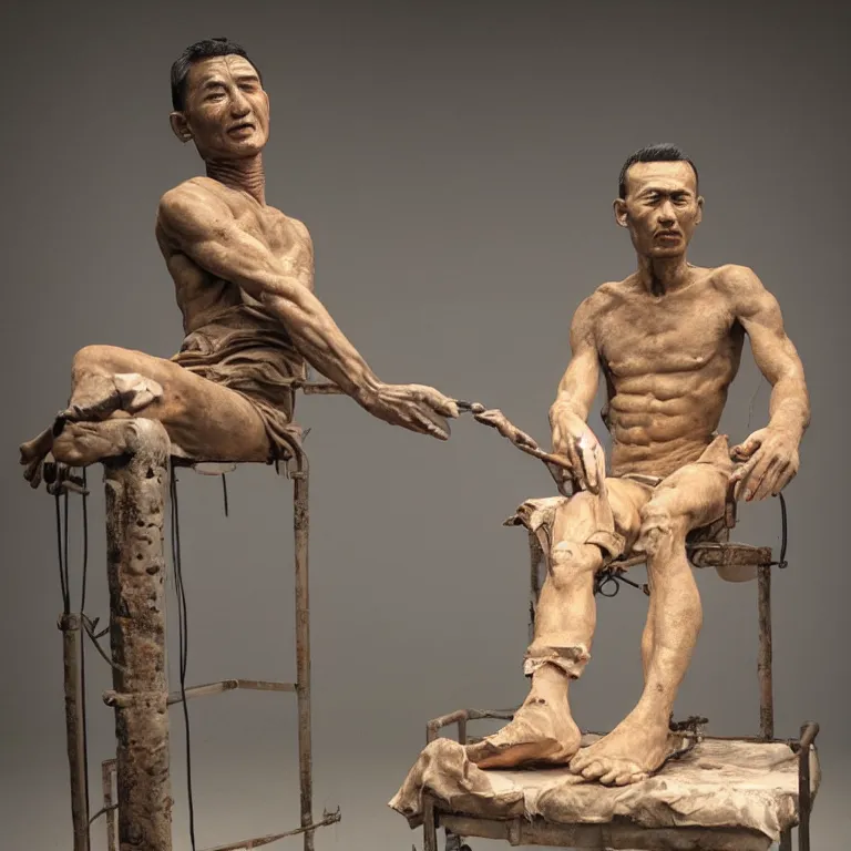 Image similar to hyperrealistic sculpture of a fossilized bronze male uyghur prisoner having surgery in a cage on a pedestal by ron mueck and duane hanson and lee bontecou and giacometti, hyperrealistic dramatic colored lighting trending on artstation 8 k