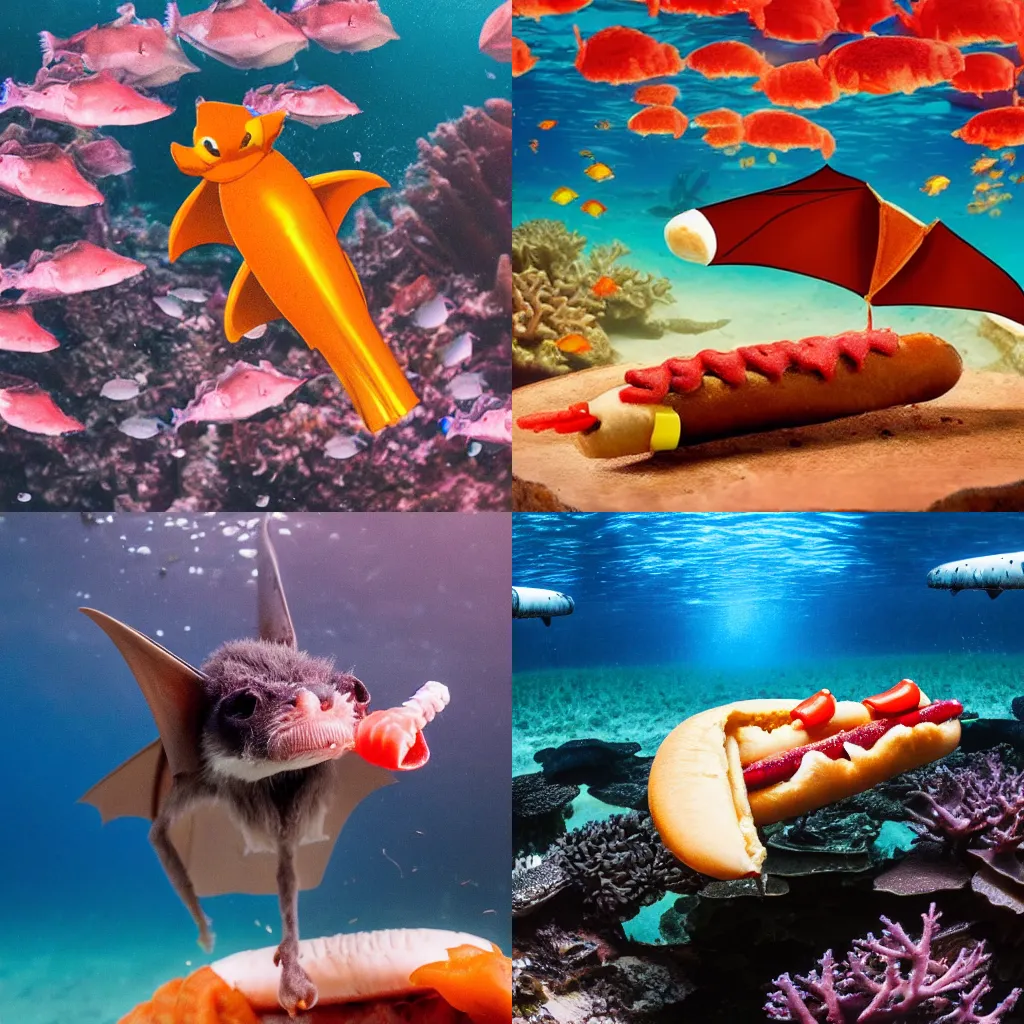 Prompt: a bat eating a hotdog under water in a coral reef