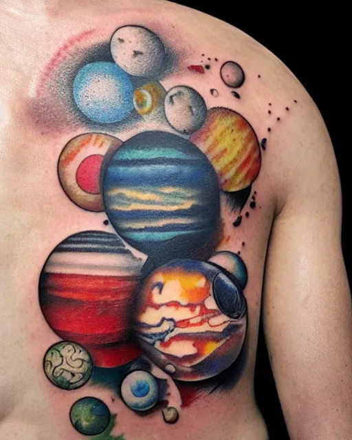 Image similar to planets on the top of a broken renaissance head statue, realism tattoo design, in the style of rob richardson