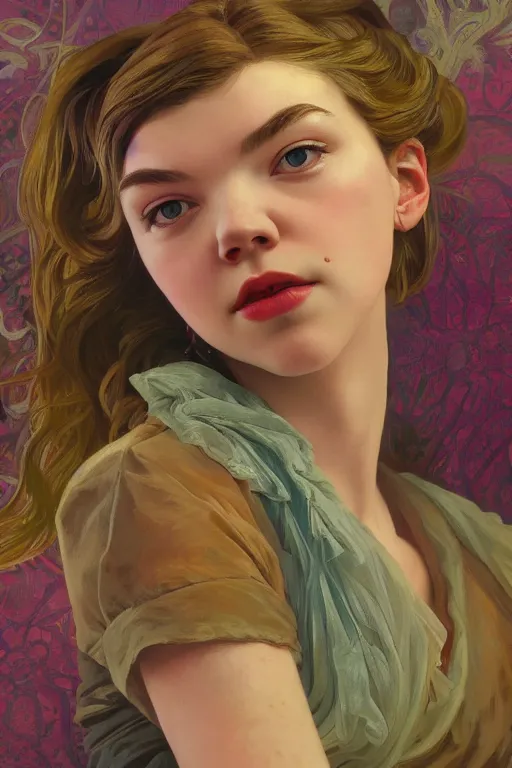 Prompt: portrait of anya taylor-joy, 8k, rich vivid colors, cinematic lighting, digital art, illustration, french noveau, alphonse mucha, artstation