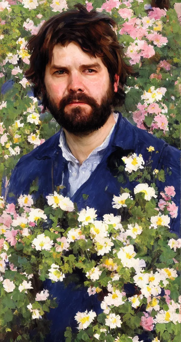 Prompt: romantic detailed portrait of gabriel boric surrounded by beautiful flowers, by gregory manchess, james gurney, james jean