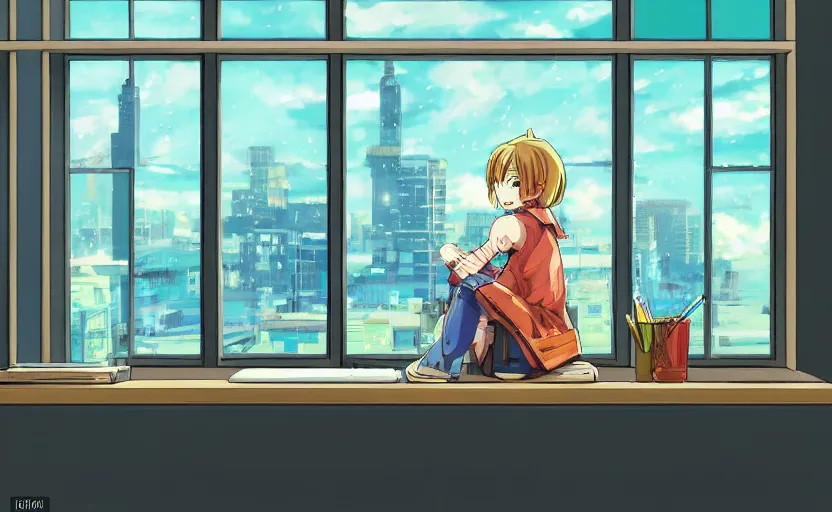 Image similar to Anime Character sitting and relaxing in front of their work desk in their cozy room as a peaceful rainy city scene is seen through the room's window. Smooth Highly detailed masterpiece pixel-art. in the style of Close Highly detailed masterpiece professional artistry Sega, Namco, Neogeo, Capcom artist's Pixel-art. Trending on artstation. Slice-of-life genre art. Balanced colors and lighting scheme by James Gurney and artgerm. In the style of a 'Music to chill/study' to youtube video.