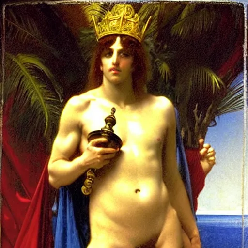 Image similar to Justice with a blood dripping chalice at the palace, thunderstorm, greek pool, beach and palm trees on the background major arcana sky, by paul delaroche, alphonse mucha and arnold böcklin arnold böcklin hyperrealistic 8k, very detailed