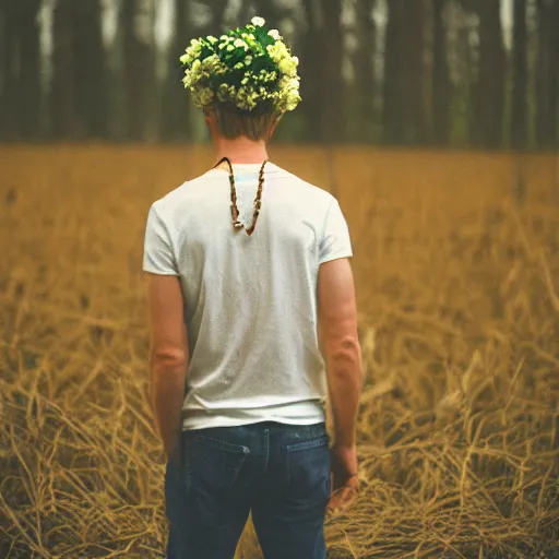 Image similar to kodak portra 4 0 0 photograph of a skinny blonde guy standing in field of dead trees, back view, flower crown, moody lighting, telephoto, 9 0 s vibe, blurry background, vaporwave colors, faded!,