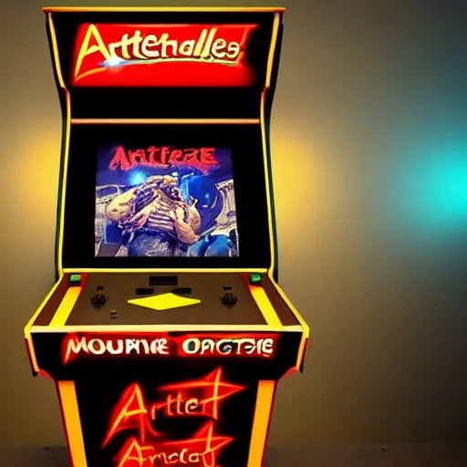 Image similar to 1990s arcade machine, octane render, unreal engine, digital art, Artstation, Trending on Artstation, Artstation HQ, Artstation HD, cgsociety, Pinterest, 8k , close up to the screen, wide angle, godrays, volumetric, reflections, cinematic, epic, ultra realistic, accurate, coherent, 3D Render,
