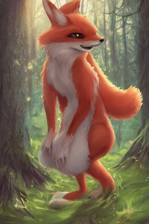 Image similar to a pretty medieval anthropomorphic fox with a fluffy tail in the forest, comic art, trending on furaffinity, cartoon, kawaii, backlighting, furry art!!!, radiant light, bokeh, trending on artstation, digital art