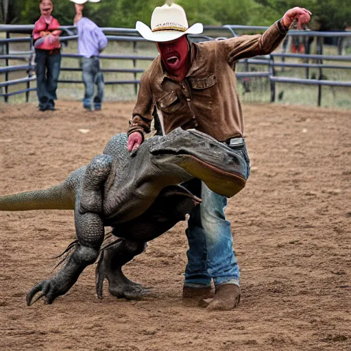 Prompt: cowboy wrestling a dinosaur