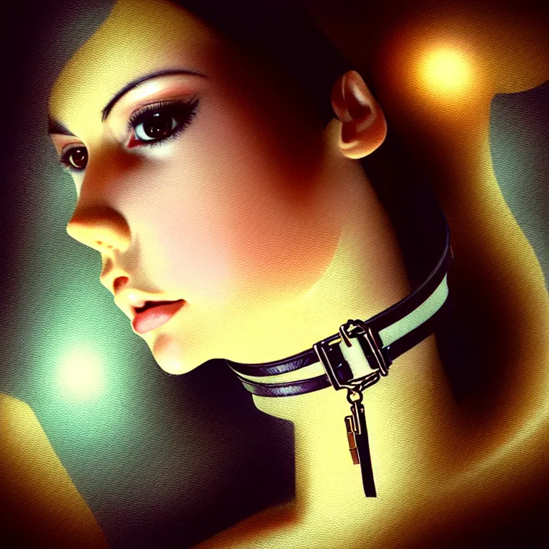 Image similar to bemused to be locked in a leather neck restraint Victoria Justice in a full frame zoom up of her face and neck looking upwards in a room of old ticking clocks, 16K resolution, complex artistic color ink pen sketch illustration, full detail, gentle shadowing, fully immersive reflections and particle effects, concept art by Artgerm, art by Range Murata, art by Studio Ghibli