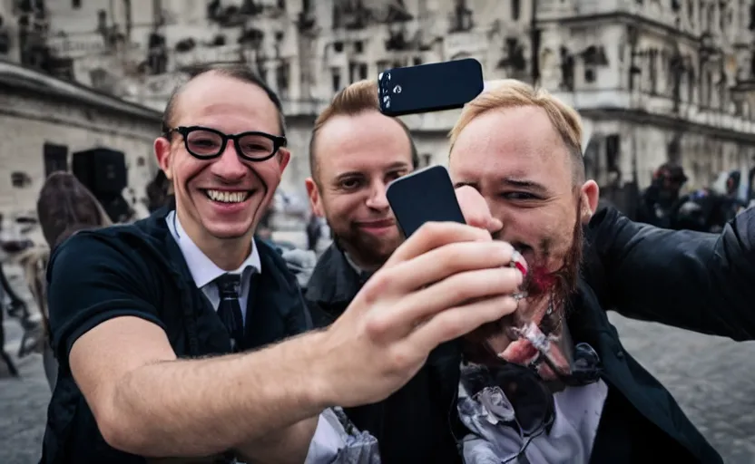 Image similar to frankestein boris karlof smiling taking a selfie, breaking news footage, action, motion, photojournalism