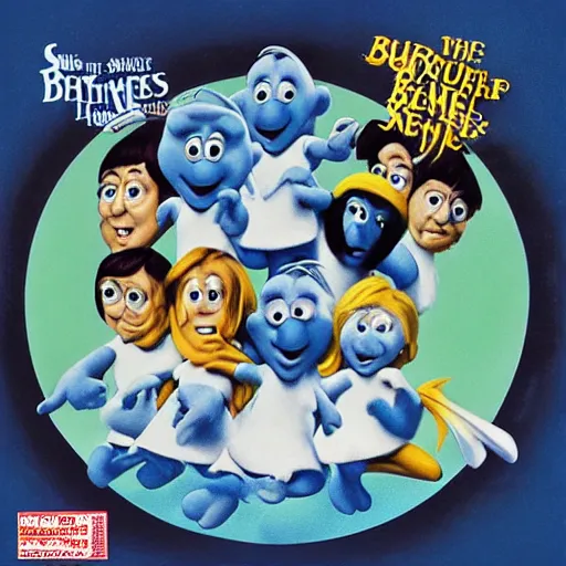 Prompt: the smurfs on the beatles album cover, 8 k resolution hyperdetailed surrealism