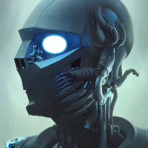 Image similar to dark digital concept art portrait of a high - tech robot on a depth of field background, artstation, award - winning realistic sci - fi concept art by jim burns and greg rutkowski, beksinski, a realism masterpiece, moody color palette, james gilleard, bruegel, alphonse mucha, and yoshitaka amano