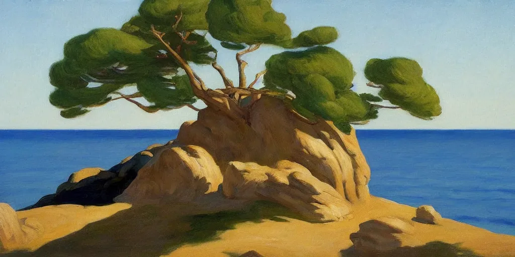 Prompt: a beautiful landscape painting of a rocky outcrop on the coast with a tree next to a house, hot summer sun, by edward hopper, oil on canvas, highly detailed, hd, 4 k