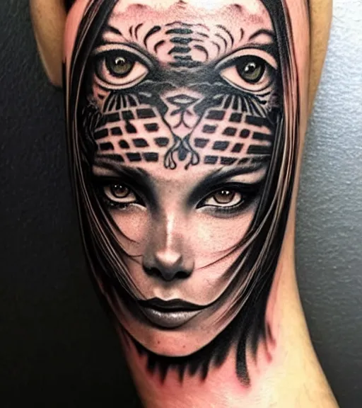 Image similar to tattoo design of a beautiful girl warrior under a tiger head, hyper realistic, realism tattoo, by eliot kohek, beautiful eyes, realistic face, black and white, white background