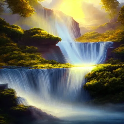 Prompt: Waterfalls flowing down floating islands, mist, crepuscular rays, oil painting, trending on artstation