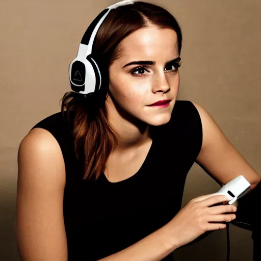 Image similar to emma watson wearing a gaming headset photo sitting on gaming chair dramatic lighting