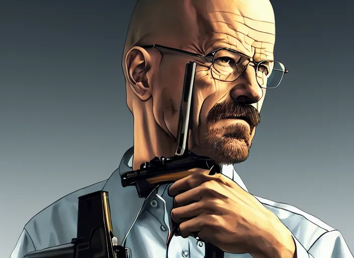 Prompt: a portrait of walter white holding a shotgun, digital painting masterpiece, advanced lighting technology, stylized yet realistic anatomy and face, gorgeous, by shigenori soejima and bastien vives and balak and michael sanlaville, 4 k wallpaper, cinematic, gorgeous brush strokes, coherent and smooth