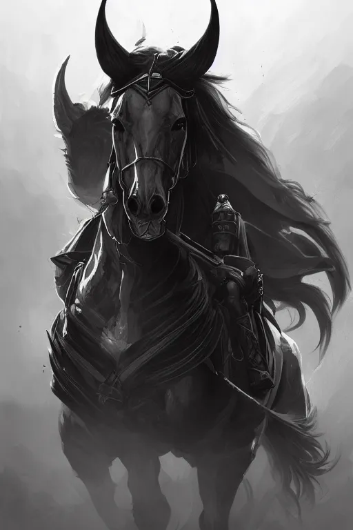 Image similar to a portrait of the horseman of the apocalypse, war, grim - lighting, high - contrast, intricate, elegant, highly detailed, digital painting, artstation, concept art, smooth, sharp focus, illustration