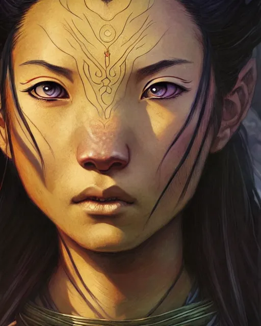 Prompt: mai from avatar the last airbender, character portrait, portrait, close up, concept art, intricate details, highly detailed by greg rutkowski, michael whelan and gustave dore