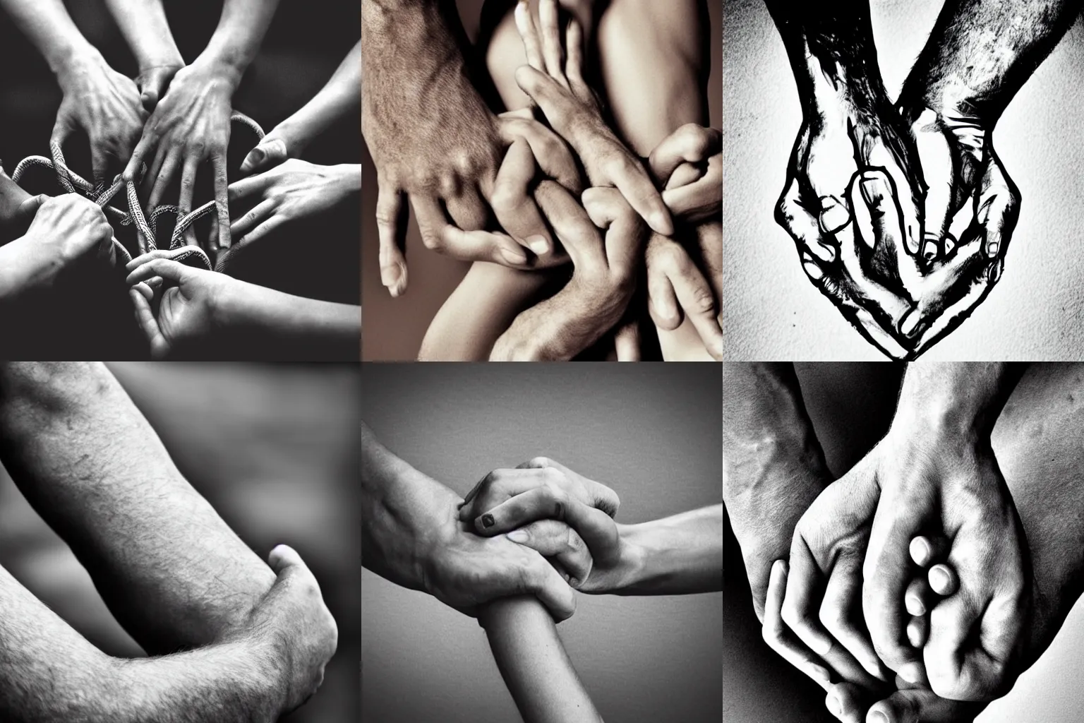 Prompt: intertwined hands, fingers, hair, muscles, abstract, detailed, graving
