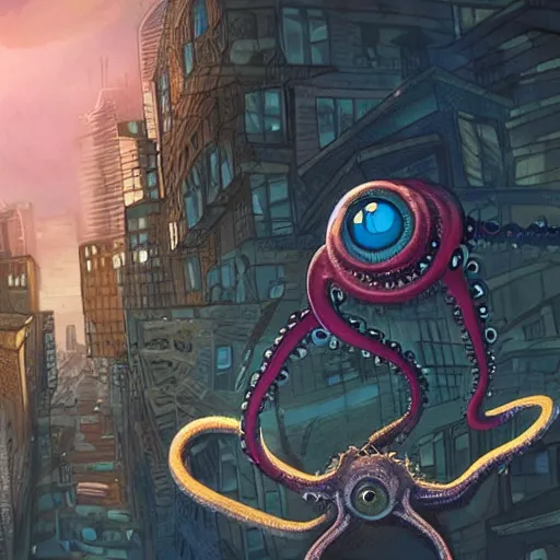 Prompt: a massive eyeball monster with tentacles conquering a city