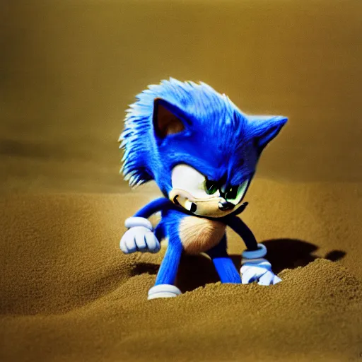 Prompt: a photograph of Sonic the hedgehog, shot on medium format Ektachrome Provia #film, 1968