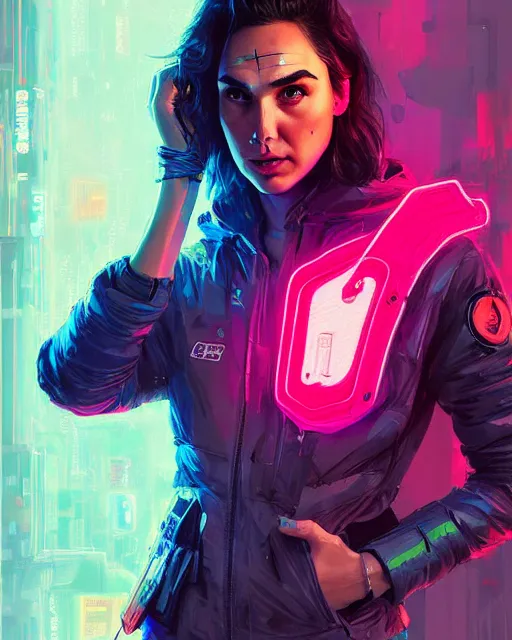 Image similar to detailed portrait Gal Gadot Neon Operator Girl, cyberpunk futuristic neon, reflective puffy coat, decorated with traditional Japanese ornaments by Ismail inceoglu dragan bibin hans thoma greg rutkowski Alexandros Pyromallis Nekro Rene Maritte Illustrated, Perfect face, fine details, realistic shaded, fine-face, pretty face